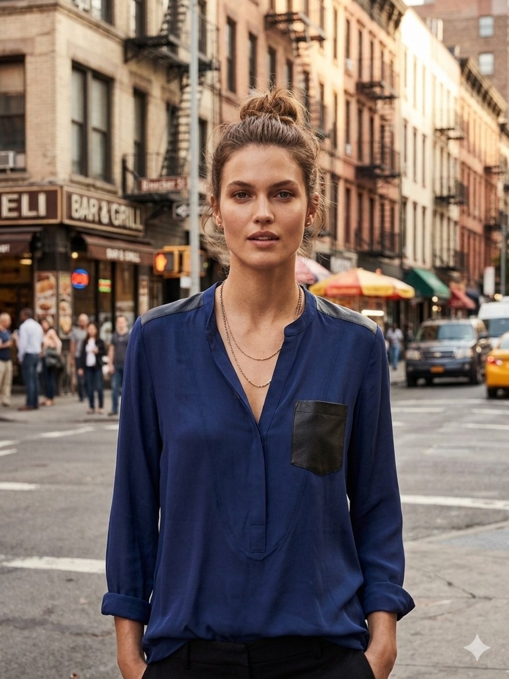 Sandro Navy Long-Sleeve Shirt with Black Leather Accents